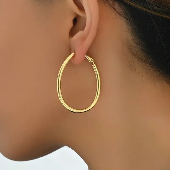 Jewelry - 14K Gold Womens Large Oval Hoop Earrings 14 Karat Silver Hoops Ladies Jewelry